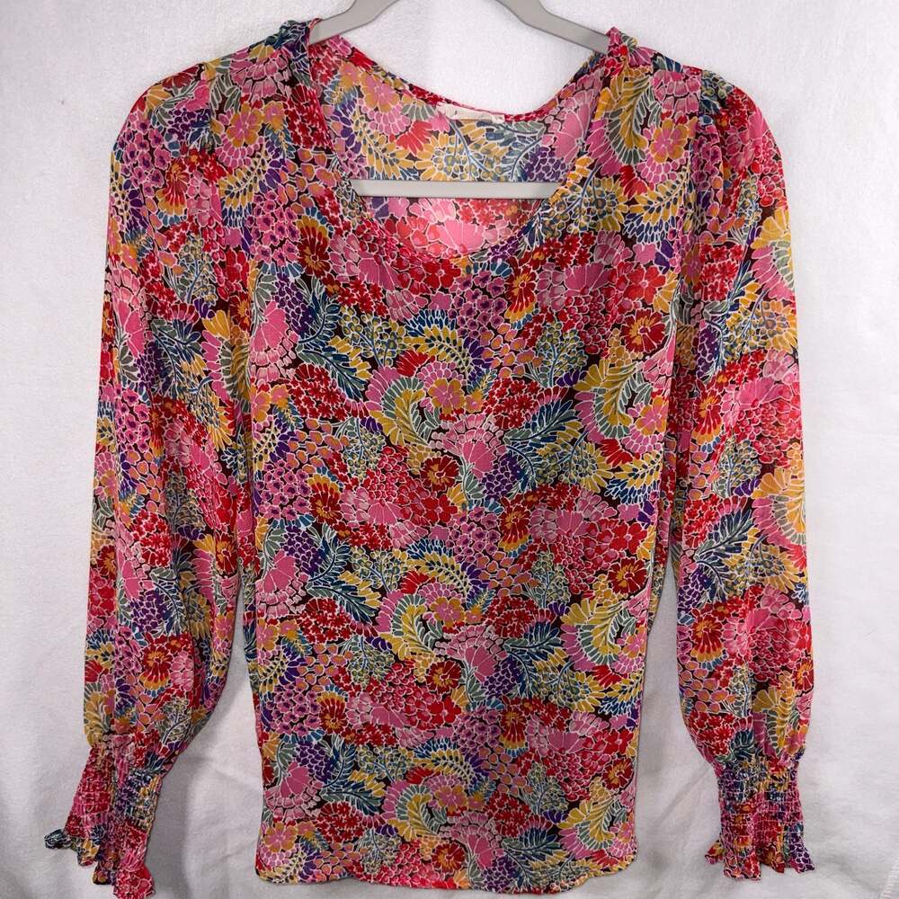 Les Amis Vibrant Floral Print Blouse with Smocked Cuffs - Medium